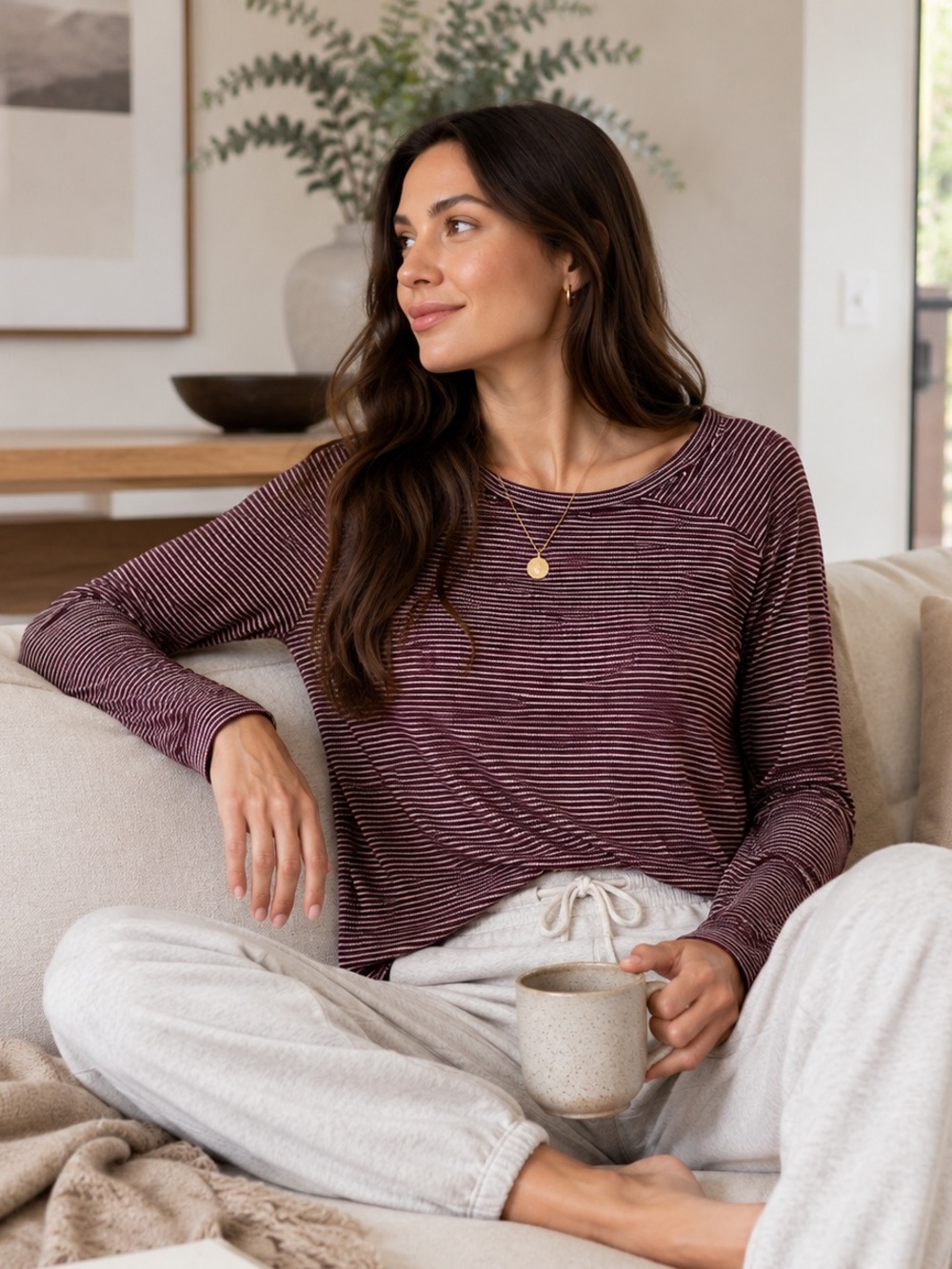 Nau Hemp Blend Striped Long Sleeve Top Burgundy Asymmetrical Neck Lagenlook, M